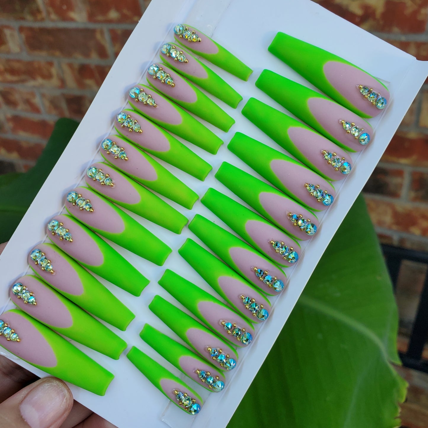 Swarovski "French NEON GREEN" 2XL Coffin Shape Press ons (24 pcs) +FREE "Prep Kit"