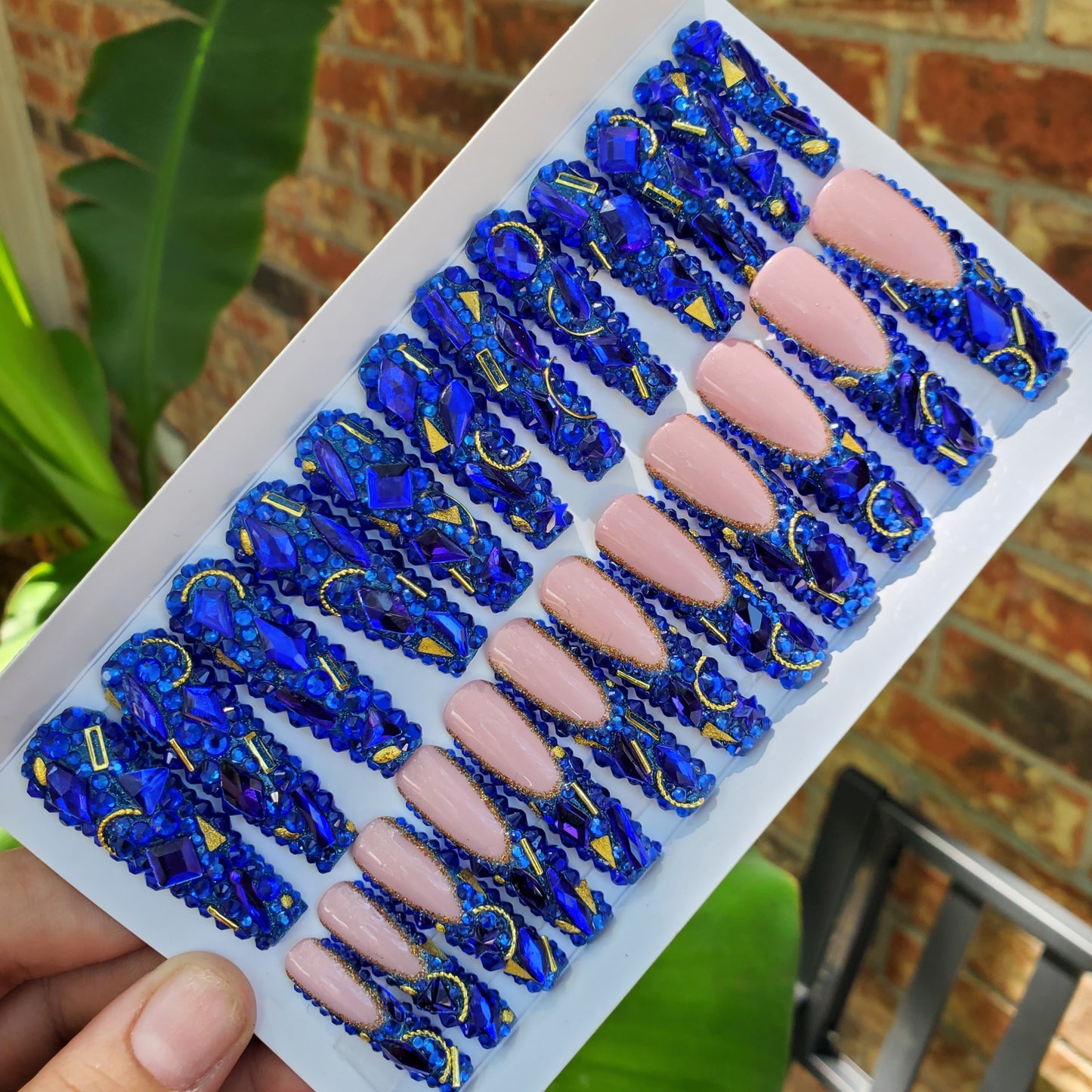 Crystal "BLUE Diamonds" Press on Nails 2XL Coffin shape (24pcs) +FREE Preping Kit